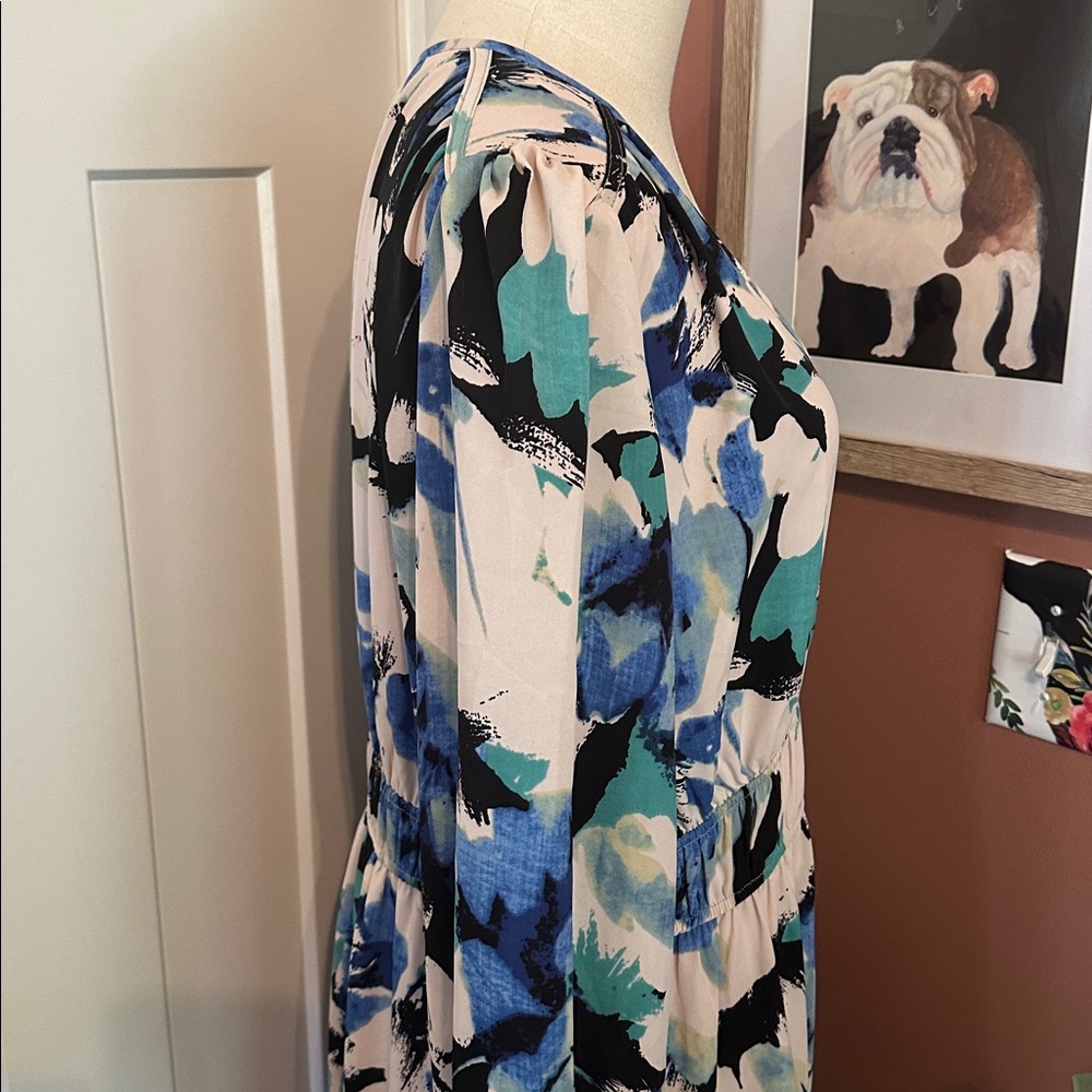 PrettyGarden Floral Blue cream Black watercolor vneck long sleeve XL Maxi Dress - Picture 9 of 16